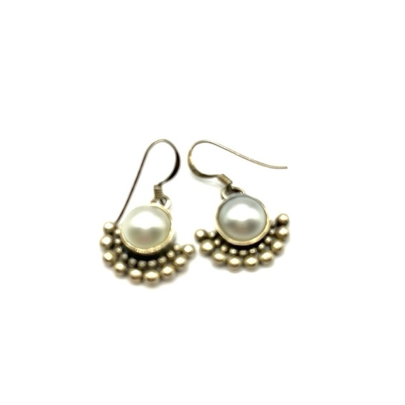 Dangle Pearl Earrings Sterling Silver 925  Fan Style with Center Faux Pearl VTG - Picture 2 of 8